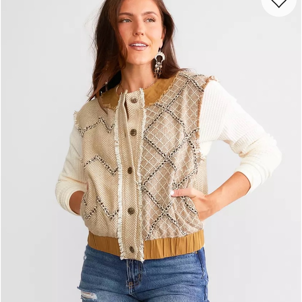 Miss Me Metallic Tweed Vest Medium Western Button Down Pockets Multi Beige Light